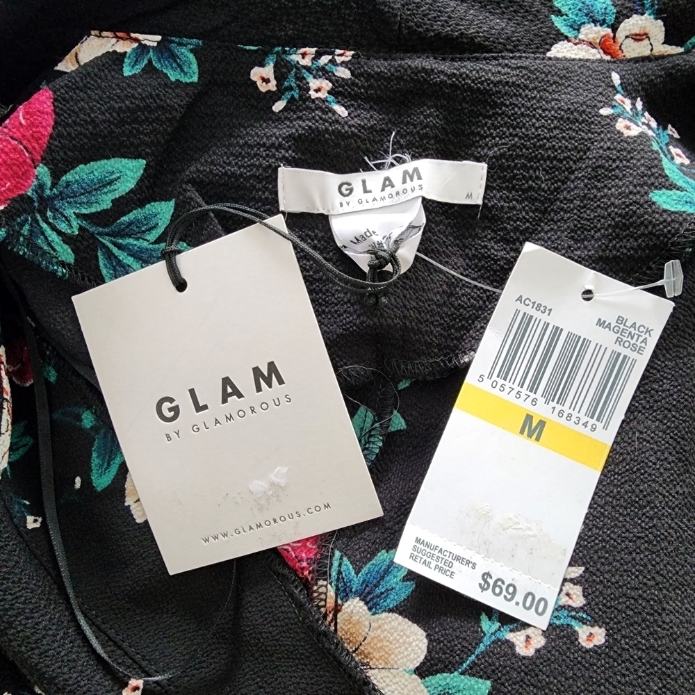 NWT Glam by Glamorous Dress Womens Medium Black Floral Button Wrap Front Mini - Picture 4 of 5